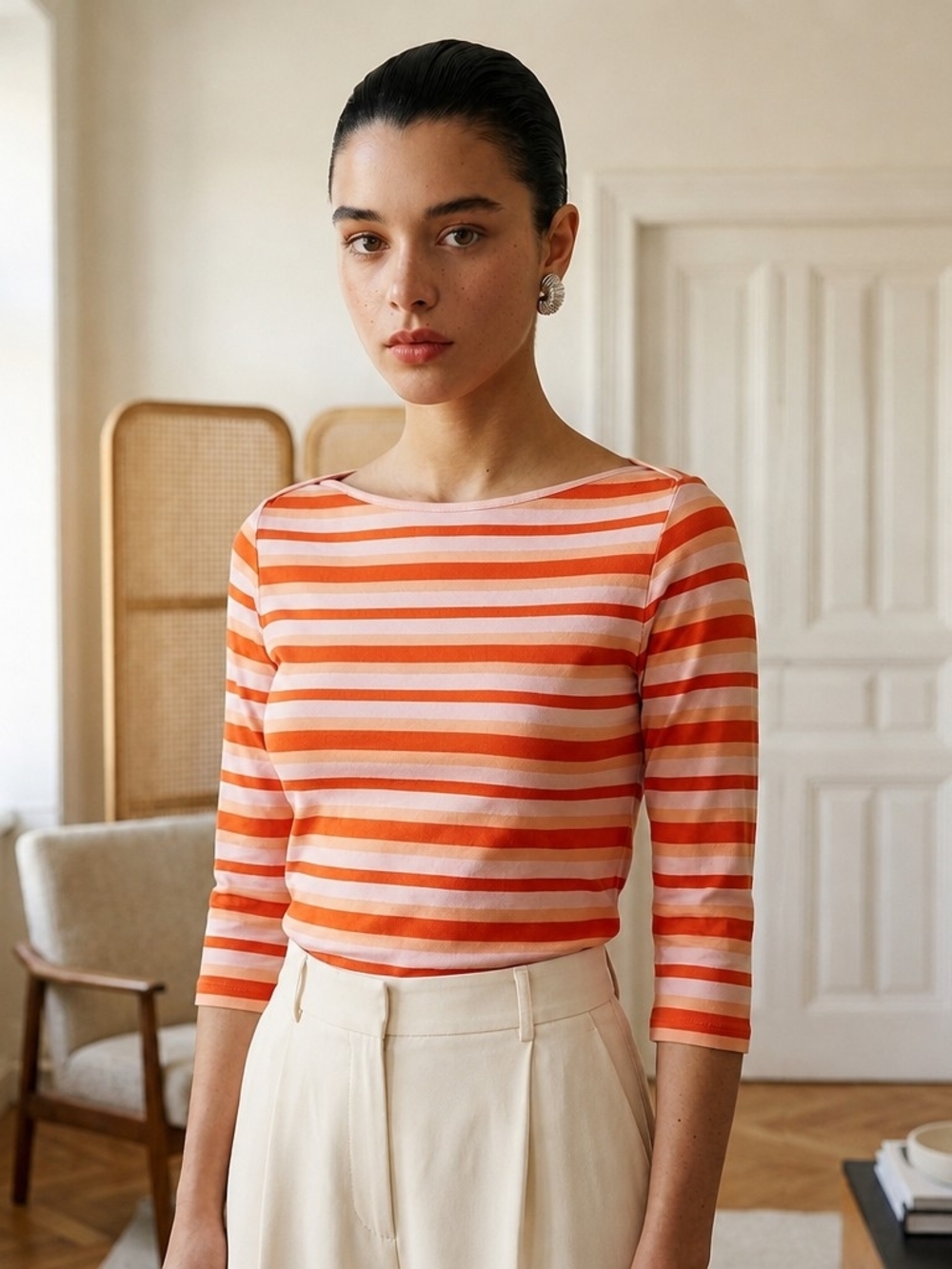 NWT French Connection Striped Orange and Pink Boatneck Top Sz S